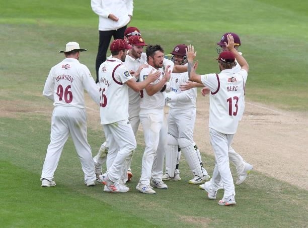 Simon Kerrigan of Northamptonshire celebrates taking the wicket of Gary Ballance of Yorkshire during the LV= Insurance County Championship match...