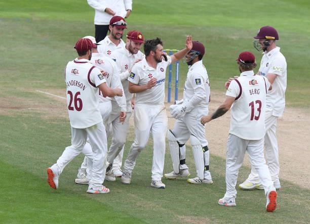 Simon Kerrigan of Northamptonshire celebrates taking the wicket of Gary Ballance of Yorkshire during the LV= Insurance County Championship match...