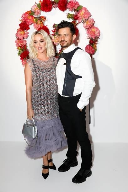 Katy Perry and Orlando Bloom attend the Louis Vuitton Parfum Dinner at Fondation Louis Vuitton on July 05, 2021 in Paris, France.