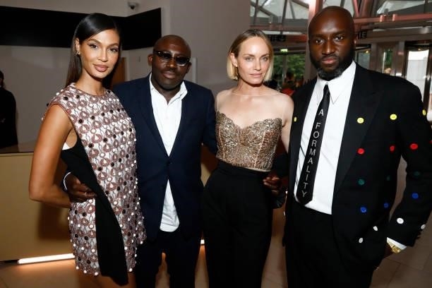 Joan Smalls, Edward Enninful, Amber Valletta and Virgil Abloh attend the Louis Vuitton Parfum Dinner at Fondation Louis Vuitton on July 05, 2021 in...