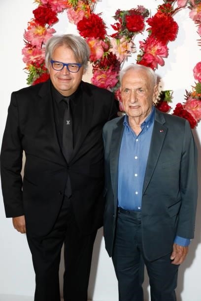 Frank Gehry and guest attend the Louis Vuitton Parfum Dinner at Fondation Louis Vuitton on July 05, 2021 in Paris, France.