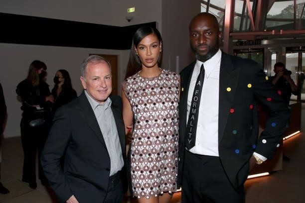 Of Louis Vuitton Michael Burke, Joan Smalls and Virgil Abloh attend Louis Vuitton Parfum hosts dinner at Fondation Louis Vuitton on July 05, 2021 in...
