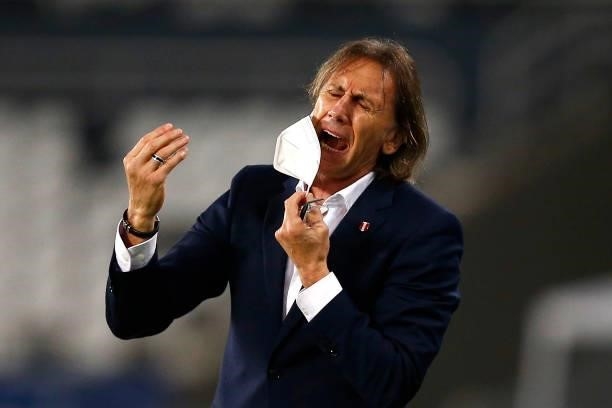 Ricardo Gareca coach of Peru reacts during a semi-final match of Copa America Brazil 2021 between Brazil and Peru at Estadio Olímpico Nilton Santos...