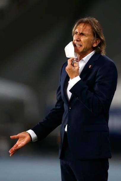 Ricardo Gareca coach of Peru reacts during a semi-final match of Copa America Brazil 2021 between Brazil and Peru at Estadio Olímpico Nilton Santos...