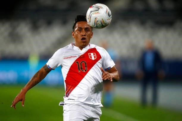 Christian Cueva of Peru looks at the ball during a semi-final match of Copa America Brazil 2021 between Brazil and Peru at Estadio Olímpico Nilton...