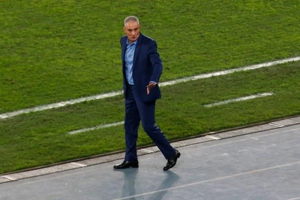 Tite of Brazil gestures during a semi-final match of Copa America Brazil 2021 between Brazil and Peru at Estadio Olímpico Nilton Santos on July 05,...