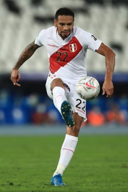 Alexander Callens of Peru kicks the ball during a semi-final match of Copa America Brazil 2021 between Brazil and Peru at Estadio Olímpico Nilton...