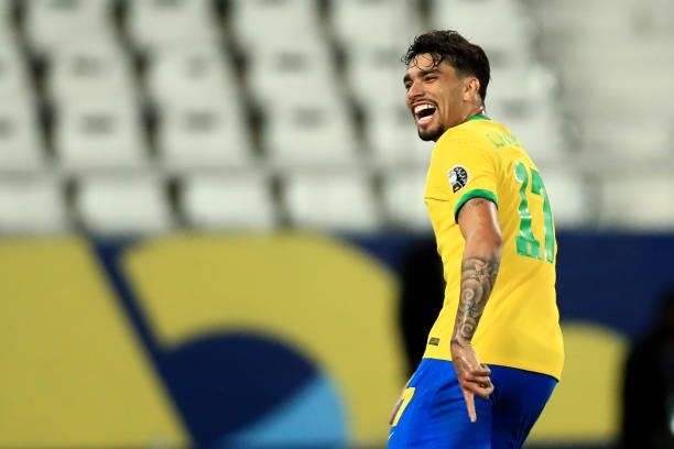 Lucas Paqueta of Brazil celebrates after scoring the first goal of his team during a semi-final match of Copa America Brazil 2021 between Brazil and...