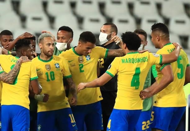 Neymar Jr. Celebrates with teammates after the first goal of his team scored by Lucas Paqueta during a semi-final match of Copa America Brazil 2021...