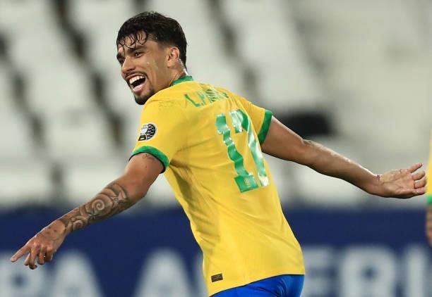 Lucas Paqueta of Brazil celebrates after scoring the first goal of his team during a semi-final match of Copa America Brazil 2021 between Brazil and...