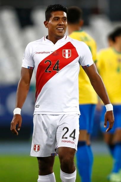 Raziel García of Peru looks on during a semi-final match of Copa America Brazil 2021 between Brazil and Peru at Estadio Olímpico Nilton Santos on...