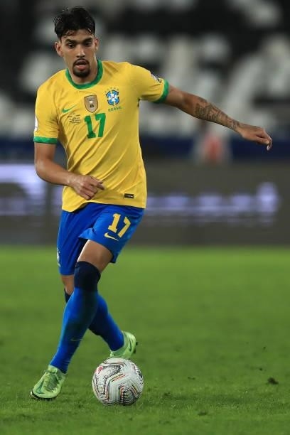 Lucas Paqueta of Brazil controls the ball during a semi-final match of Copa America Brazil 2021 between Brazil and Peru at Estadio Olímpico Nilton...