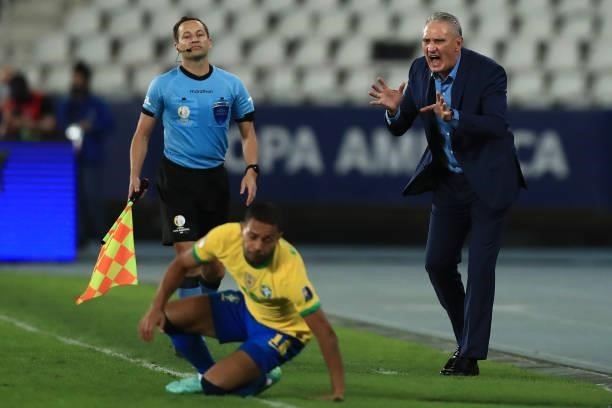 Tite of Brazil reacts during a semi-final match of Copa America Brazil 2021 between Brazil and Peru at Estadio Olímpico Nilton Santos on July 05,...