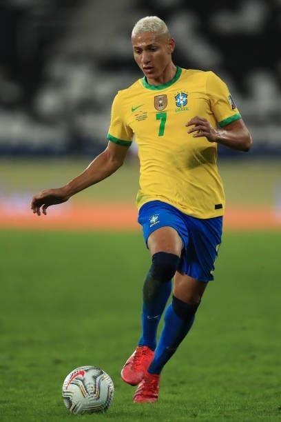 Richarlison of Brazil controls the ball during a semi-final match of Copa America Brazil 2021 between Brazil and Peru at Estadio Olímpico Nilton...