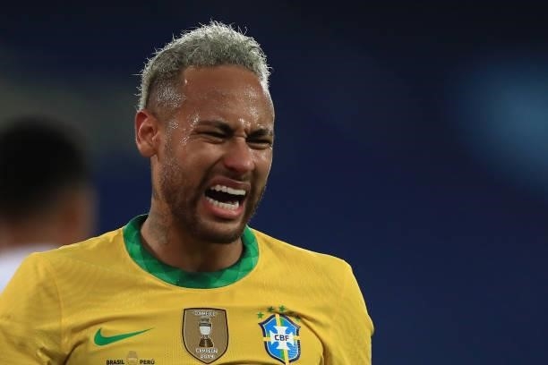 Neymar Jr. Of Brazil reacts during a semi-final match of Copa America Brazil 2021 between Brazil and Peru at Estadio Olímpico Nilton Santos on July...