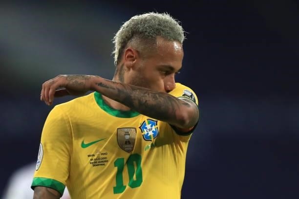 Neymar Jr. Of Brazil gestures during a semi-final match of Copa America Brazil 2021 between Brazil and Peru at Estadio Olímpico Nilton Santos on July...