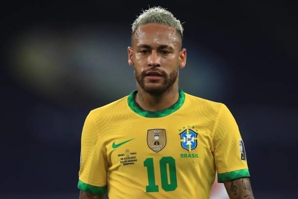 Neymar Jr. Of Brazil looks on during a semi-final match of Copa America Brazil 2021 between Brazil and Peru at Estadio Olímpico Nilton Santos on July...