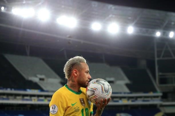 Neymar Jr. Of Brazil holds the ball during a semi-final match of Copa America Brazil 2021 between Brazil and Peru at Estadio Olímpico Nilton Santos...