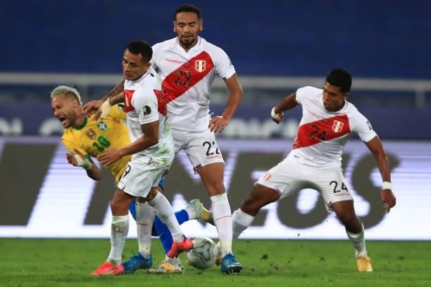 Neymar Jr. Of Brazil reacts after being fouled by Raziel García of Peru during a semi-final match of Copa America Brazil 2021 between Brazil and Peru...