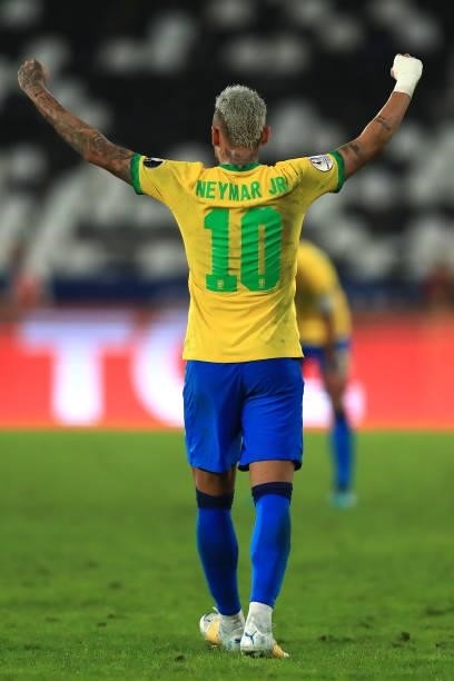 Neymar Jr. Of Brazil celebrates after winning a semi-final match of Copa America Brazil 2021 between Brazil and Peru at Estadio Olímpico Nilton...