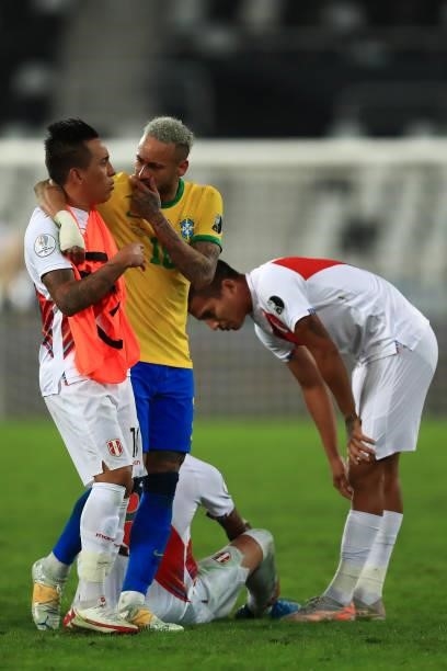 Neymar Jr. Of Brazil talks with Christian Cueva of Peru after a semi-final match of Copa America Brazil 2021 between Brazil and Peru at Estadio...