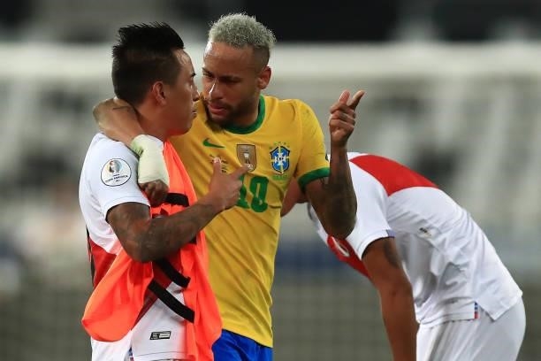 Neymar Jr. Of Brazil talks with Christian Cueva of Peru after a semi-final match of Copa America Brazil 2021 between Brazil and Peru at Estadio...