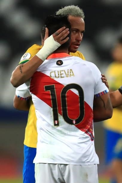Neymar Jr. Of Brazil hugs with Christian Cueva of Peru after a semi-final match of Copa America Brazil 2021 between Brazil and Peru at Estadio...