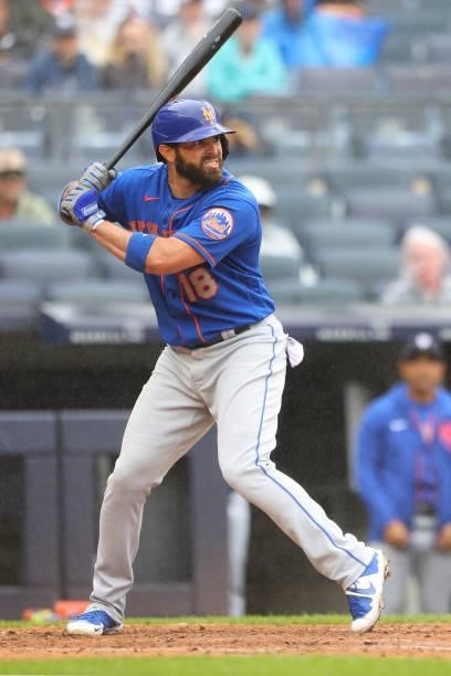 José Peraza of the New York Mets in action against the New York Yankees during a game at Yankee Stadium on July 3, 2021 in New York City. The Mets...