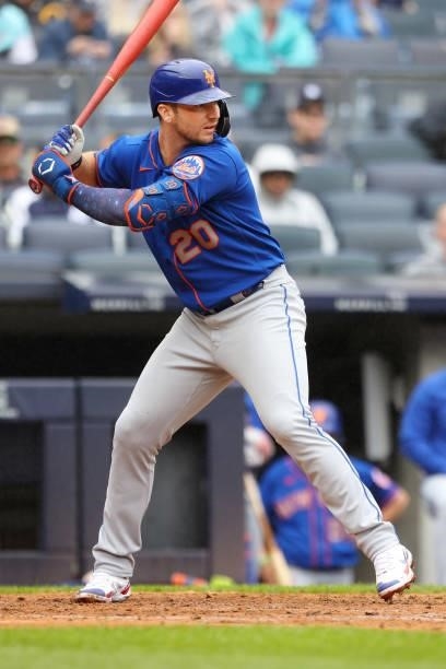 Pete Alonso of the New York Mets in action against the New York Yankees during a game at Yankee Stadium on July 3, 2021 in New York City. The Mets...
