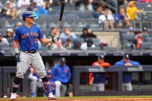 James McCann of the New York Mets in action against the New York Yankees during a game at Yankee Stadium on July 3, 2021 in New York City. The Mets...