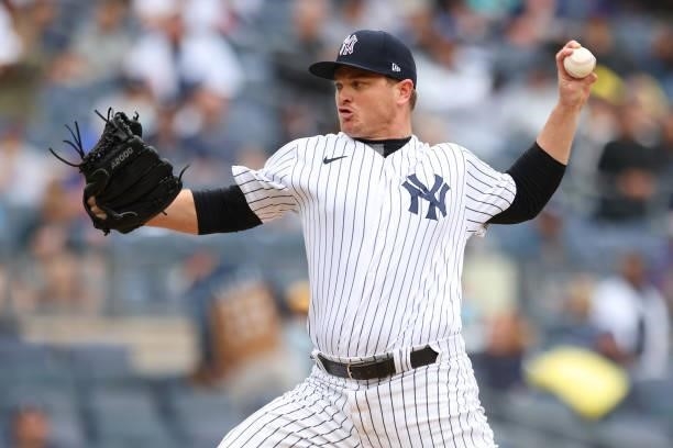 Justin Wilson of the New York Yankees in action against the New York Mets during a game at Yankee Stadium on July 3, 2021 in New York City.