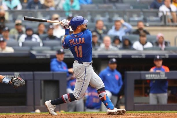 Kevin Pillar of the New York Mets in action against the New York Yankees during a game at Yankee Stadium on July 3, 2021 in New York City. The Mets...