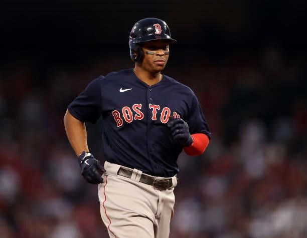 Rafael Devers of the Boston Red Sox runs the bases after a two-run home run against the Los Angeles Angels in the fourth inning at Angel Stadium of...
