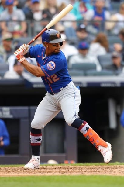 Francisco Lindor of the New York Mets in action against the New York Yankees during a game at Yankee Stadium on July 3, 2021 in New York City. The...