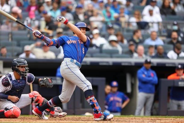 Brandon Nimmo of the New York Mets in action against the New York Yankees during a game at Yankee Stadium on July 3, 2021 in New York City. The Mets...