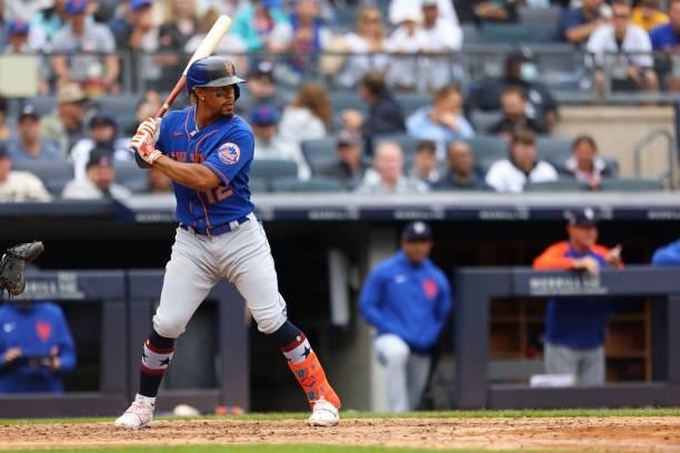 Francisco Lindor of the New York Mets in action against the New York Yankees during a game at Yankee Stadium on July 3, 2021 in New York City. The...