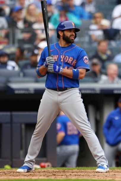 José Peraza of the New York Mets in action against the New York Yankees during a game at Yankee Stadium on July 3, 2021 in New York City. The Mets...