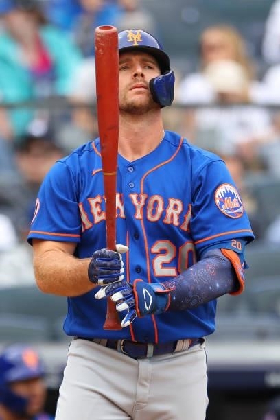 Pete Alonso of the New York Mets in action against the New York Yankees during a game at Yankee Stadium on July 3, 2021 in New York City. The Mets...