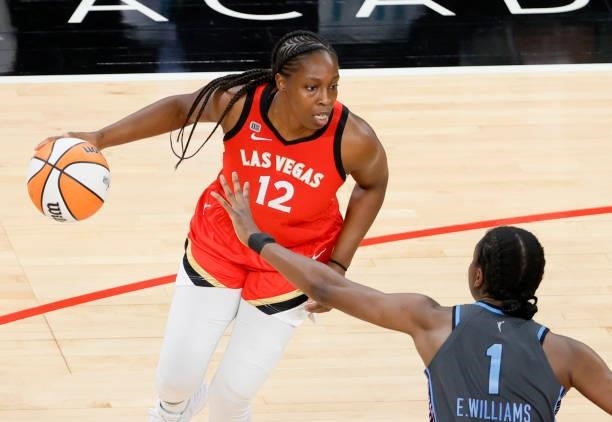 Chelsea Gray of the Las Vegas Aces is guarded by Elizabeth Williams of the Atlanta Dream during their game at Michelob ULTRA Arena on July 4, 2021 in...