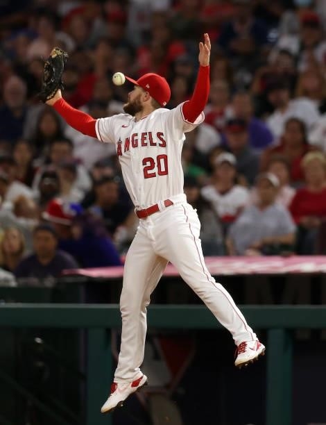 Jared Walsh of the Los Angeles Angels on a throwing error from Luis Rengifo of the Los Angeles Angels in the fifth inning against the Boston Red Sox...