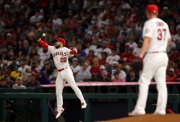 Jared Walsh of the Los Angeles Angels on a throwing error from Luis Rengifo of the Los Angeles Angels in the fifth inning against the Boston Red Sox...