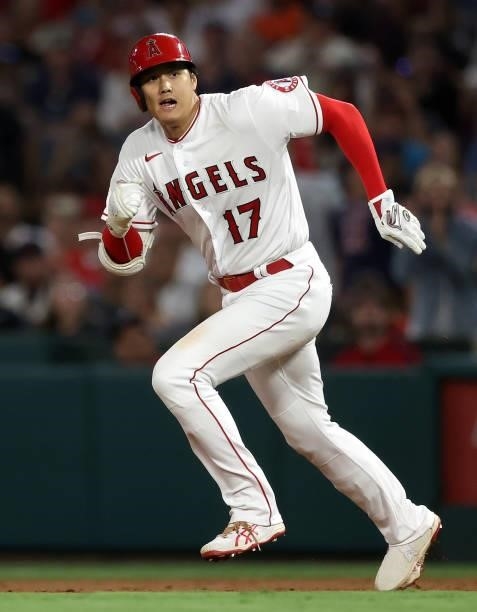 Shohei Ohtani of the Los Angeles Angels runs to second base against the Boston Red Sox in the fifth inning at Angel Stadium of Anaheim on July 05,...