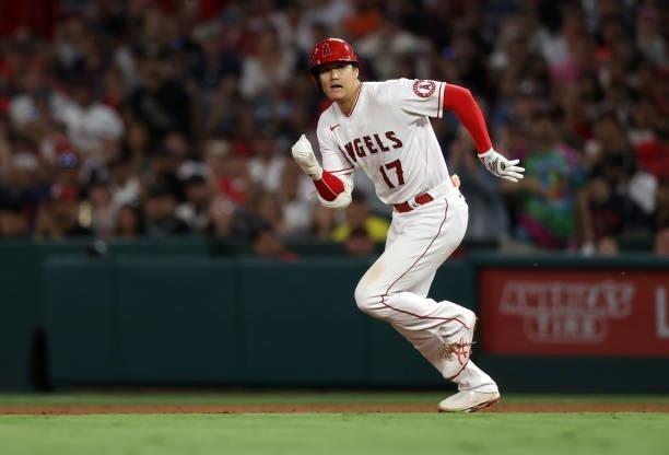 Shohei Ohtani of the Los Angeles Angels runs to second base against the Boston Red Sox in the fifth inning at Angel Stadium of Anaheim on July 05,...