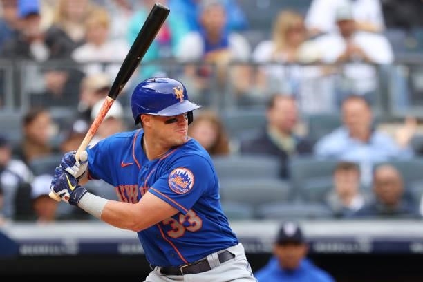 James McCann of the New York Mets in action against the New York Yankees during a game at Yankee Stadium on July 3, 2021 in New York City. The Mets...
