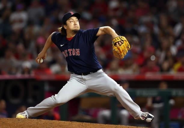 Hirokazu Sawamura of the Boston Red Sox throws against the Los Angeles Angels in the sixth inning at Angel Stadium of Anaheim on July 05, 2021 in...