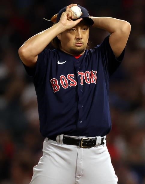 Hirokazu Sawamura of the Boston Red Sox throws against the Los Angeles Angels in the sixth inning at Angel Stadium of Anaheim on July 05, 2021 in...
