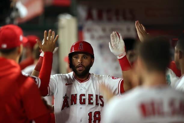 Jose Rojas of the Los Angeles Angels celebrates a home run against the Boston Red Sox in the seventh inning at Angel Stadium of Anaheim on July 05,...