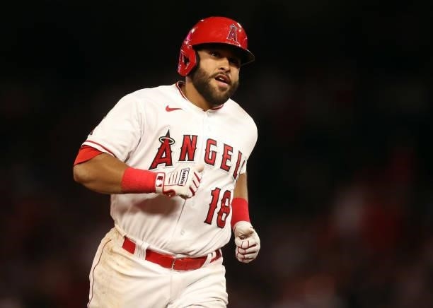 Jose Rojas of the Los Angeles Angels runs the bases after hitting a home run against the Boston Red Sox in the seventh inning at Angel Stadium of...