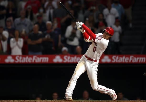 Shohei Ohtani of the Los Angeles Angels grounds out against the Boston Red Sox in the ninth inning at Angel Stadium of Anaheim on July 05, 2021 in...
