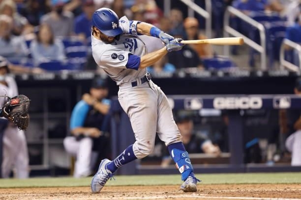 Chris Taylor of the Los Angeles Dodgers at bat against the Miami Marlins at loanDepot park on July 05, 2021 in Miami, Florida.